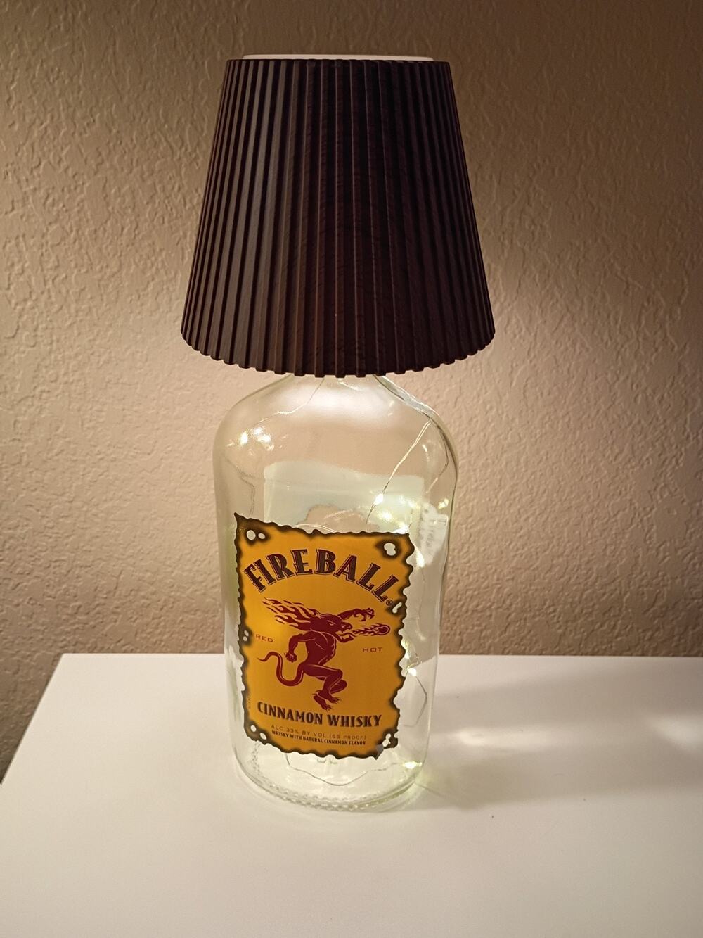 Fireball Glass Bottle Table Lamp with Brown Cone Shade, Rechargeable